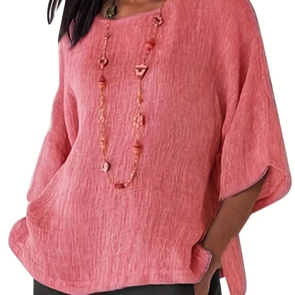 Crew Neck Loose Fit Blouse Pink XL
